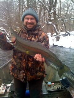 Drift boat fishing the Salmon River in Pulaski NY for steelhead trout