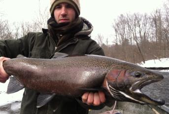 Steelhead trout fishing on the Salmon River in Pulaski NY from a heated drift boat