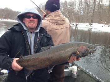 Steelhead fishing the Salmon River in Pulaski NY for steelhead trout from a heated drift boat
