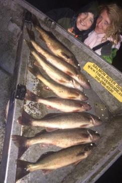 Drift boat night fishing the Oswego River, NY for walleye and brown trout.